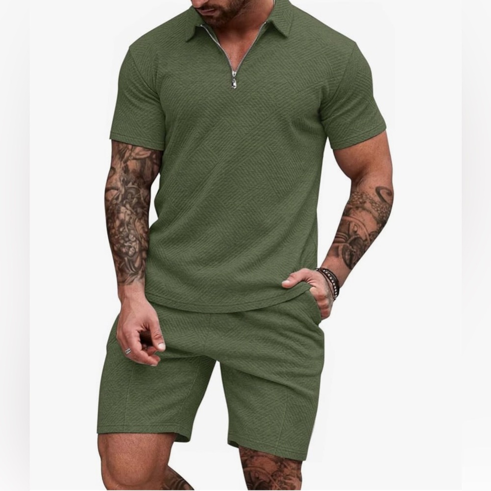 EISHOPEER Men's Polo Shirt and Shorts Set Fashion Zipper 2 Pieces Outfits-NWOT